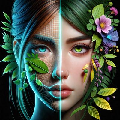 The primary subject of the image is a woman with green eyes, who is depicted in two different styles. One half of her face is shown as a digital artwork, while the other half is shown as a traditional drawing. The setting is a black background, which contrasts with the vibrant colors of the woman's eyes. The visual style is a combination of digital art and traditional drawing, creating a unique and intriguing image. The colors and mood of the image are lively and captivating, with the woman